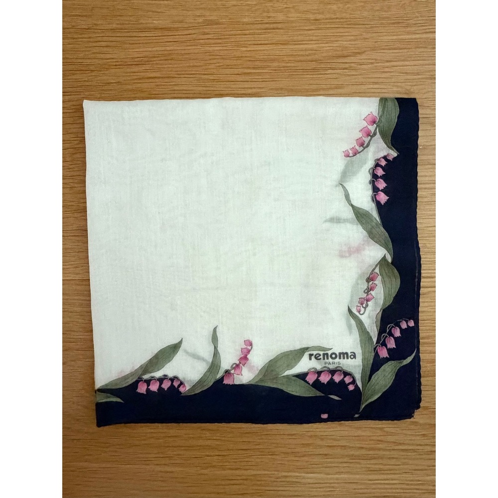 80s Vtg Renoma Paris 16" Pink Lily of the Valley Handkerchief with Navy Border
